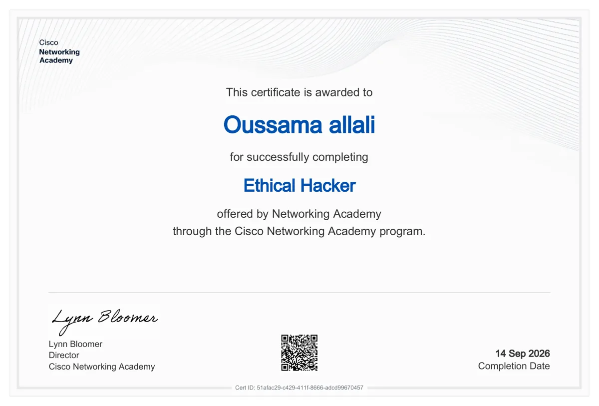 Zertifikat Ethical Hacker — Cisco Networking Academy, Oussama Allali
