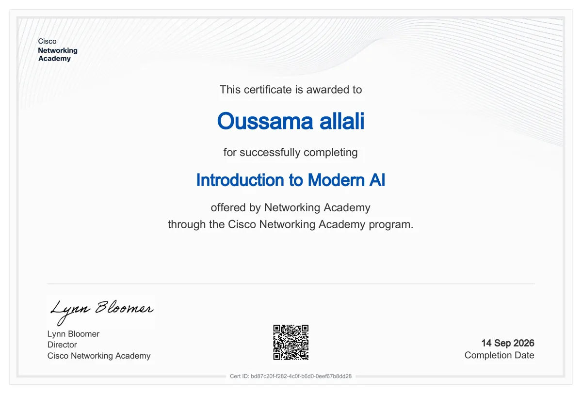 Zertifikat Introduction to Modern AI — Cisco Networking Academy, Oussama Allali